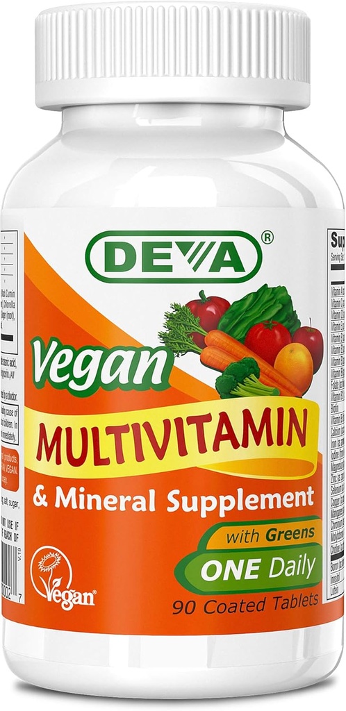 Deva Vegan Multivitamin og Mineral Supplement - Once- Per- Day Formel med grønne - Vitaminer A, C, D, E, B Complex, High- Potency Formulering for Daily Health and Wellness- 90 Overtrukne tabletter, 1- Pack