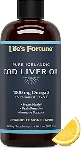 Livets Fortune Cod Lever Oil Liquid Organic Lemon Flavor (8 Oz) 1.000 mg Omega + vitamin A, E & D3 - Understøtter immunforsvar - 100% Fish Oil Supplement fra Wild Ocean Cod- GMO Free