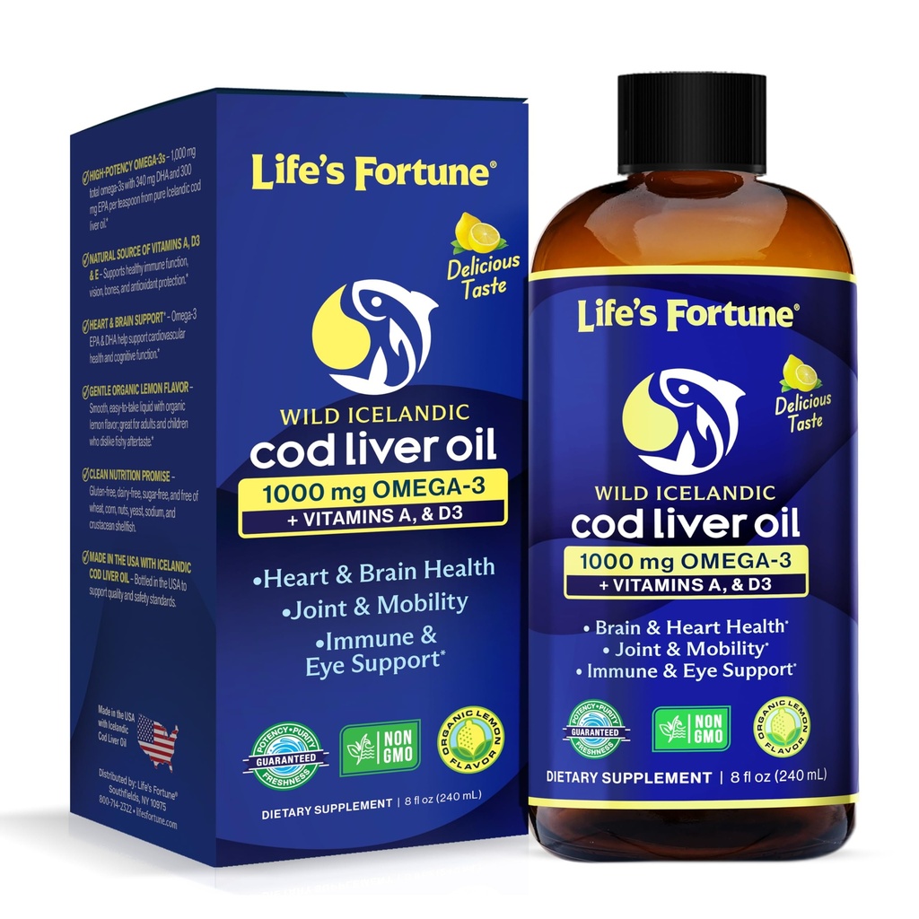Livets Fortune Cod Lever Oil Liquid Organic Lemon Flavor (8 Oz) 1.000 mg Omega + vitamin A, E & D3 - Understøtter immunforsvar - 100% Fish Oil Supplement fra Wild Ocean Cod- GMO Free