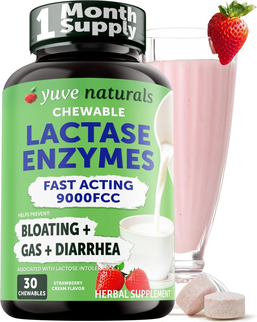 Yuve Natural Fast Actioning Dairy Relief Delicious Chewables - Lactase Enzyme 9000 FCC - Sig farvel til mælk discomfort fra laktose intolerance - Strawberry Cream Flavor - 30ct