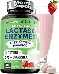 Yuve Natural Fast Actioning Dairy Relief Delicious Chewables - Lactase Enzyme 9000 FCC - Sig farvel til mælk discomfort fra laktose intolerance - Strawberry Cream Flavor - 30ct