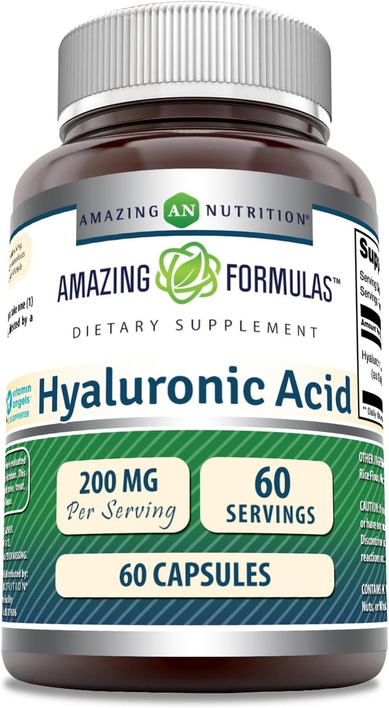 Amazing Formulas Hyaluronic Acid 200 Mg Per Serving Kapsler Supplement 124; Non- GMO Note 124; Gluten Free Note 124; Lavet i USA (60 Greve)