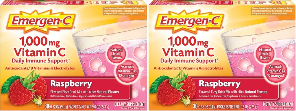 Emergen- C (30 Greve, Raspberry Flavor, 1 Måned Supply Kosttilskud Fizzy Drink Mix med 1000mg C-vitamin, 0,32 Ounce Packets, Koffein Free (pakke af 2)