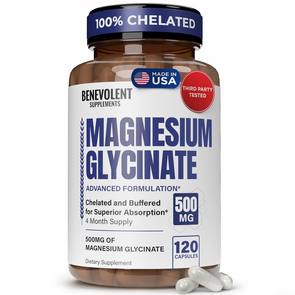 Magnesium Glycinat 500 mg - Chelated & Buffered High Absorption Magnesium supplement til støtte stress Relief, fordøjelse, ben, søvn, nerver og muskelsundhed - Lavet i USA - 120 Veganske kapsler