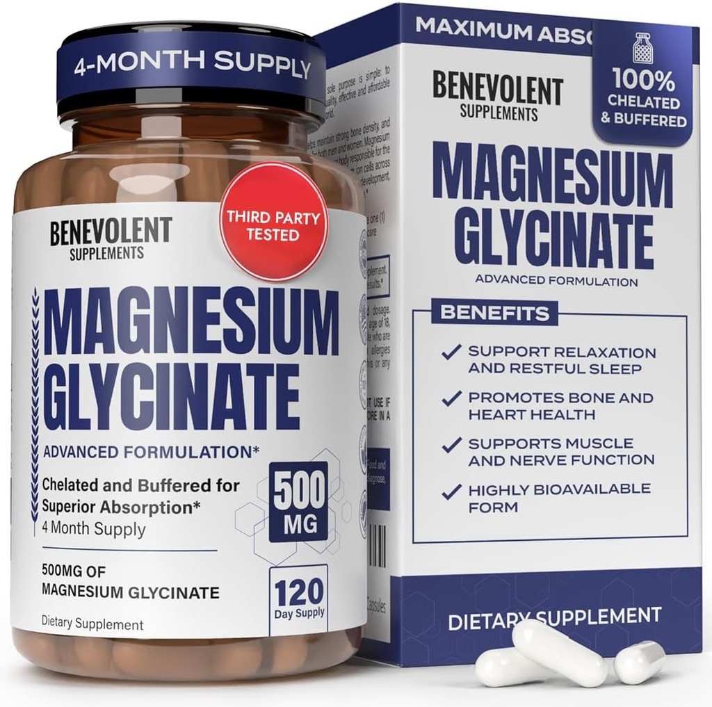 Magnesium Glycinat 500 mg - Chelated & Buffered High Absorption Magnesium supplement til støtte stress Relief, fordøjelse, ben, søvn, nerver og muskelsundhed - Lavet i USA - 120 Veganske kapsler