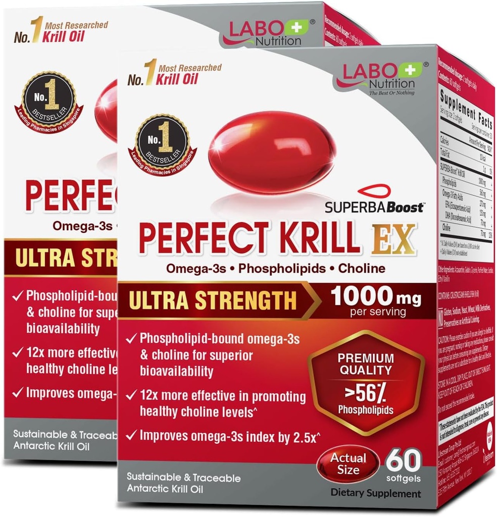 Labo Nutrition Perfect Krill EX, 1000mg antarktisk krill Oil Omega 3 EPA DHA, Højeste fosfolipider (over 56%) med Cholin, Astaxanthin