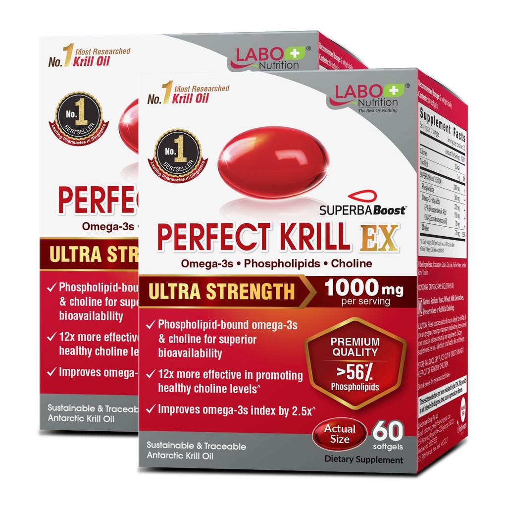 Labo Nutrition Perfect Krill EX, 1000mg antarktisk krill Oil Omega 3 EPA DHA, Højeste fosfolipider (over 56%) med Cholin, Astaxanthin
