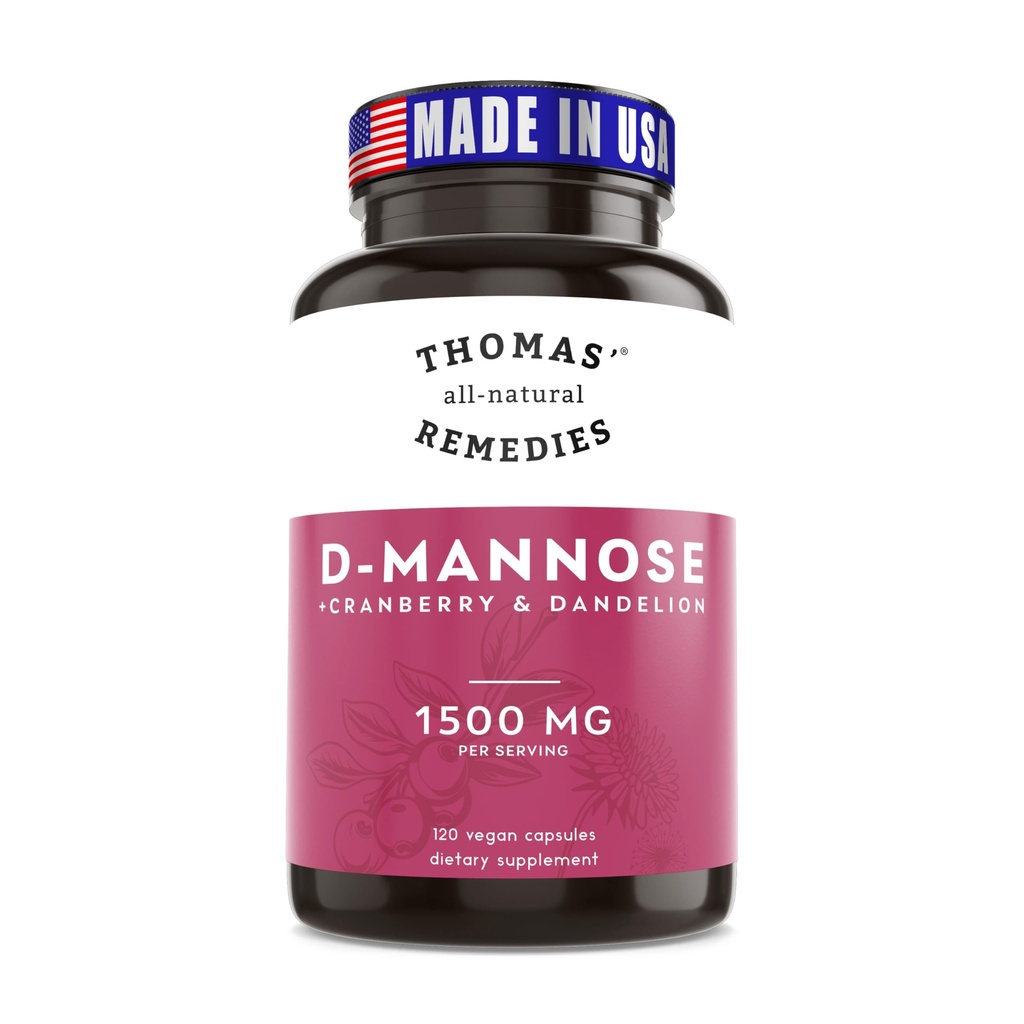 Thomas 'all- naturlige retsmidler D- mannose 1200mg - med Cranberry og Mælkebøtte - Natural Urinary Tract og UTI Health Support - Bedste dmannose kapsler - ingen fyldstoffer, All- Natural, Vegan - 120 Kapsler