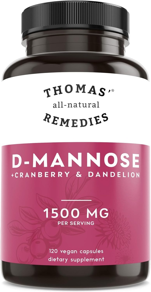 Thomas 'all- naturlige retsmidler D- mannose 1200mg - med Cranberry og Mælkebøtte - Natural Urinary Tract og UTI Health Support - Bedste dmannose kapsler - ingen fyldstoffer, All- Natural, Vegan - 120 Kapsler