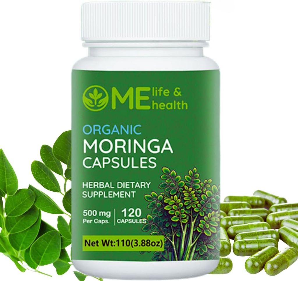 ME Life & Health Moringa Capsules, 100% Organic Moringa oleifera Leaf, Pure Moringa Powder, mmune System, Essential Vitaminer & Aminosyrer Non- GMO & Gluten Free, Pure & Natural 120 ct. 500mg kapsler