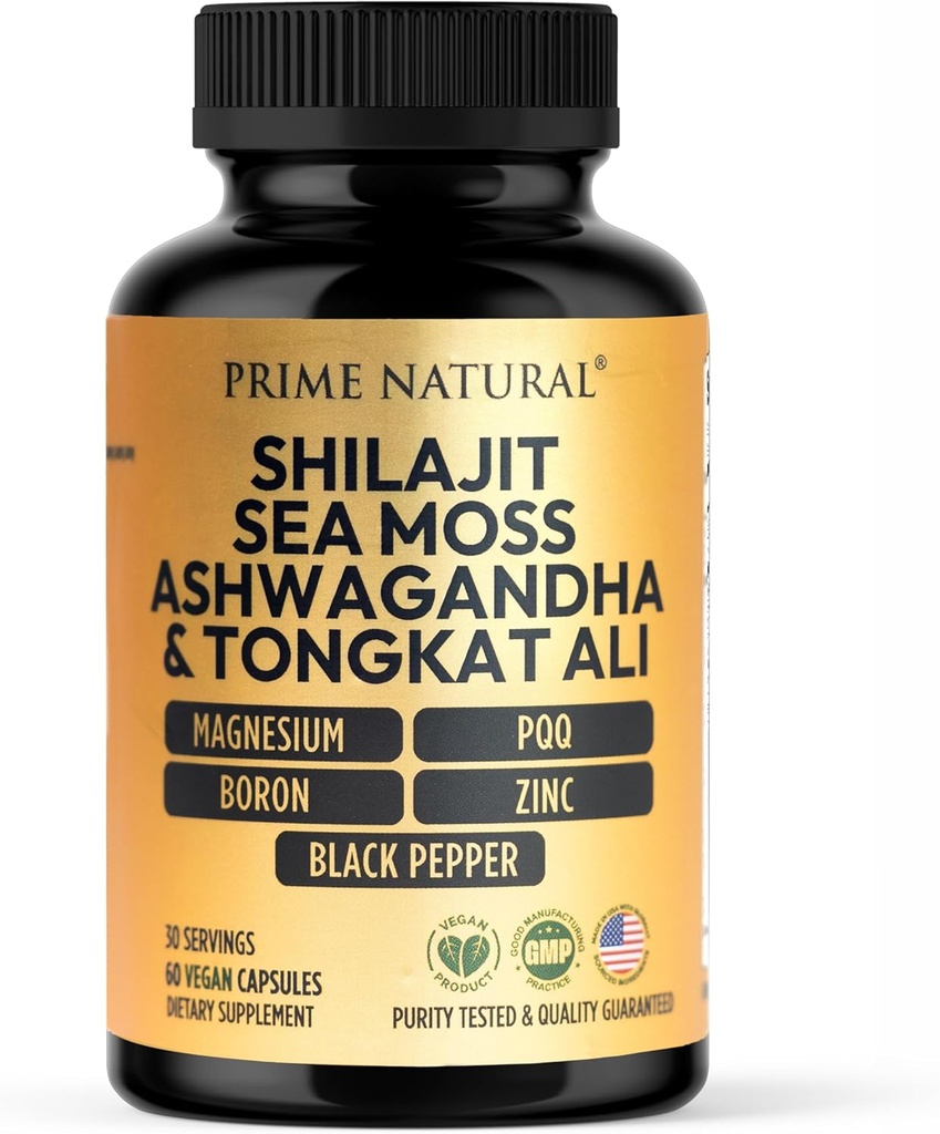 Shilajit 10,000mg, Irish Sea Moss 2000mg, Ashwagandha 3000mg, Tongkat Ali 30,000mg, Boron, Magnesium, PQQ & Mere; 60 kapsler - 30 dages forsyning med 124; Fulvic Acid Veg Kapsler; 124; Vegan 124; Gluten Free