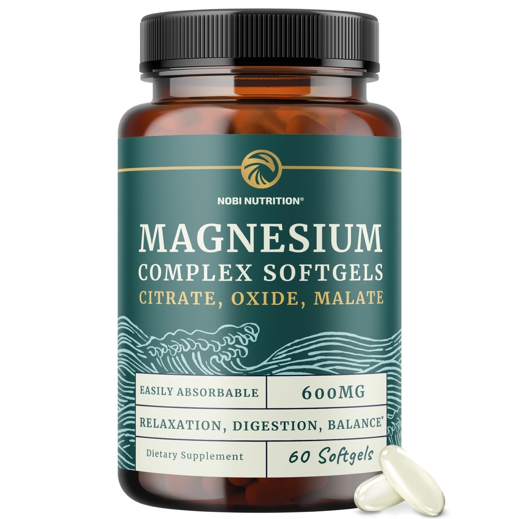Triple Magnesium Softgels - 124; Citrate, Malate, & Oxide - 124; Højt Absorberbart Magnesiumsupplement til fordampning, Calm, Leg - kramper, & Sleep Support - 124; 300mg Complex - 124; Let at synke bløde geler - 124; 60 Tælling