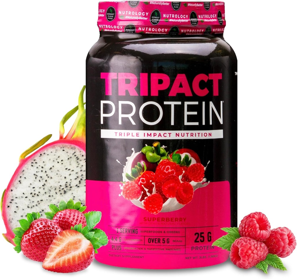 Nutrologi TRIPACT Protein Powder - 7-in-1 Meal udskiftning Rystes med grass Fed Whey Protein Powder, Pea, Rice, Grønne for Muscle Recovery & Immunity, Superberry Flavor, 40 Servere