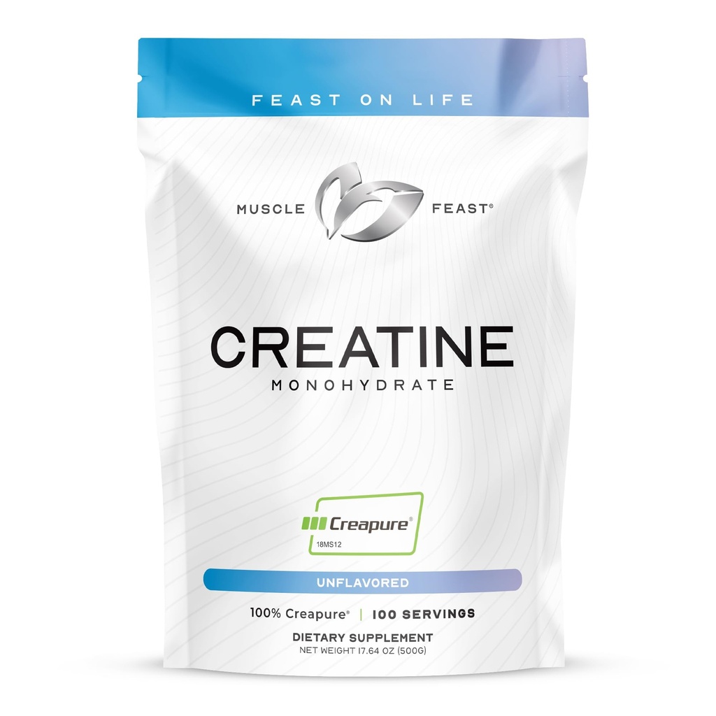 Muskel Feast Creapure Creatinine monohydrat pulver, Vegan Keto Friendly Gluten- Free, Mass Gainer, Muscle Recovery Supplement og Trusted Creatin for Muskelvækst, Creatinine Powder, Unflavored, 500g