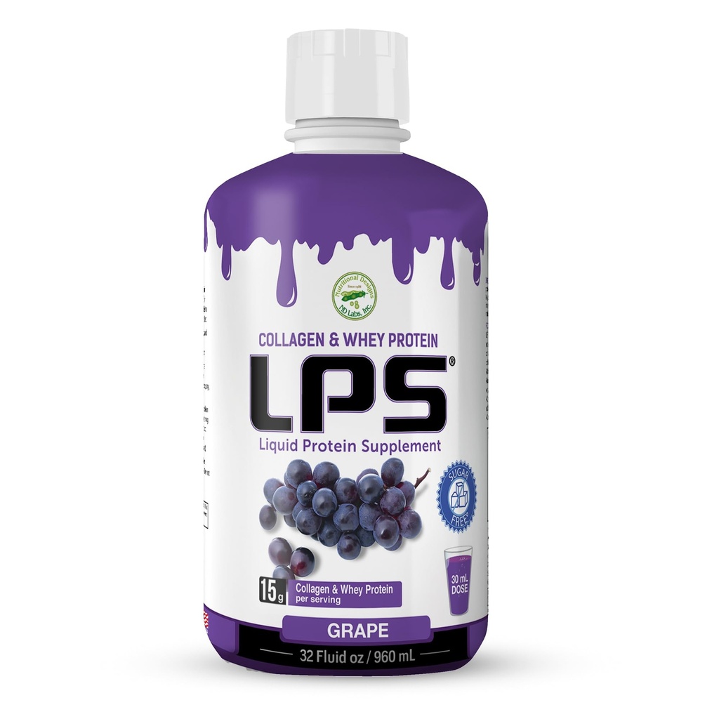 LPS Flydende Collagen & Whey Protein Supplement - sukkerfri, Farveløs-fri, ikke-GMO drik - Hydrolyseret Collagen & Whey Peptider fremmer sund hud & hår til mænd og kvinder, Grape, 32 fl oz