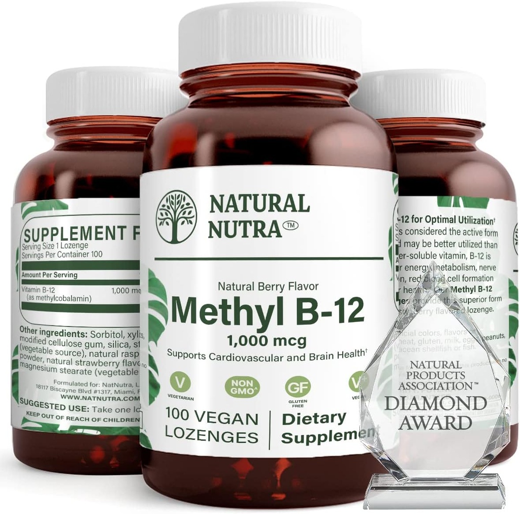 Natural Nutra Vegan Methyl B12 1000mcg, Heart Health and Energy Booster Supplement, Gluten Free, Support Energy Transformation, Enhance Immune Response, Help Brain Function, 100 Vegan Lozenges