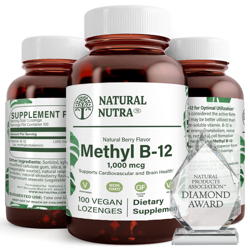 Natural Nutra Vegan Methyl B12 1000mcg, Heart Health and Energy Booster Supplement, Gluten Free, Support Energy Transformation, Forbedre immunrespons, Hjælp Brain Funktion, 100 Vegan Lozenges