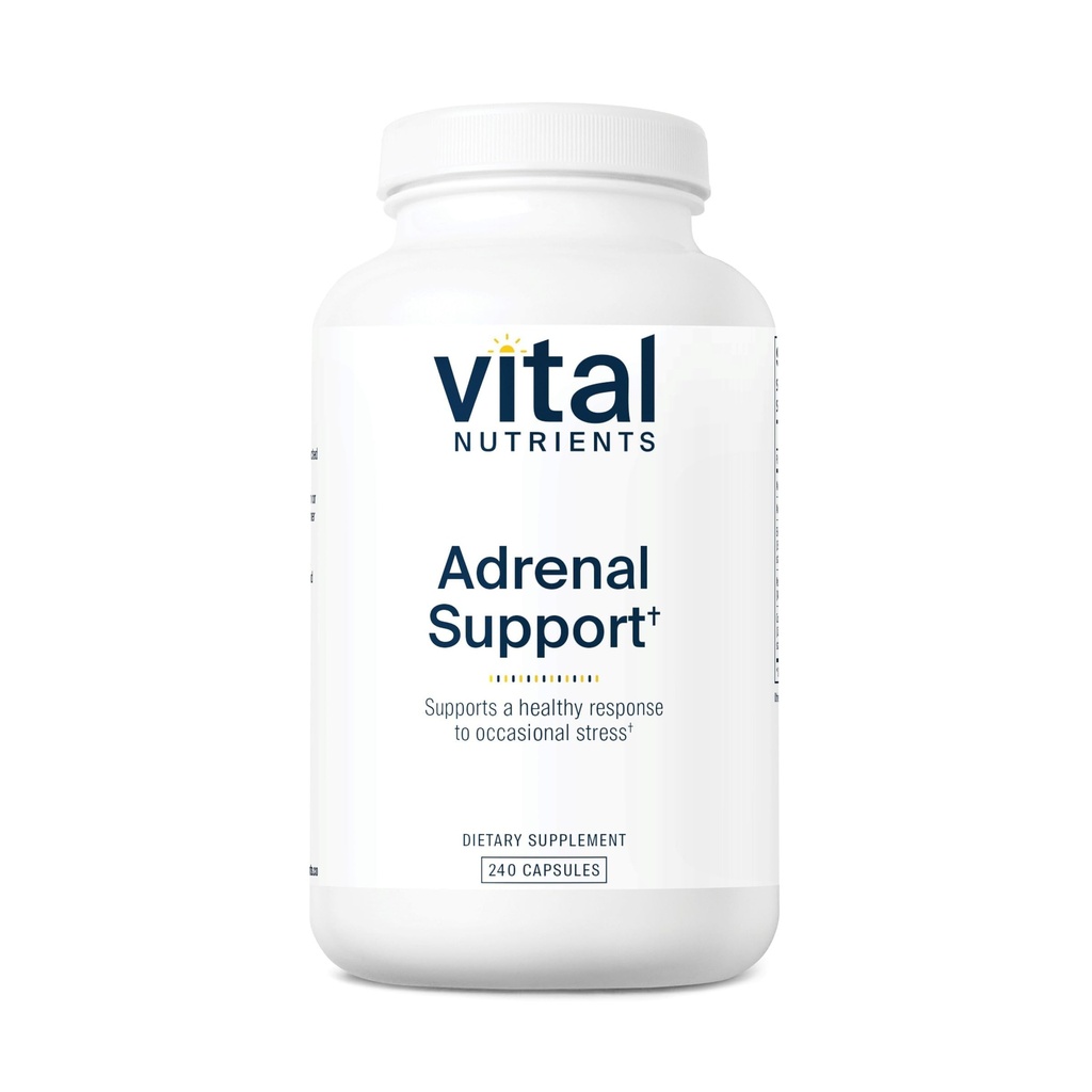 Vital Nutrients Adrenal Support Memories 124; Adrenal Support Support for Gland Function and Cortisol Management Memories 124; Understøtter Energi og Stress Niveau Memories 124; Gluten, Dairy, Soy Free Memories 124; 240 Kapsler