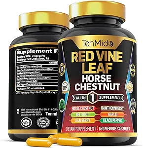Red Vin Leaf Extract Supplement - 7in1 Formel - Kombiner med hest Chestnut, Beet Root, Acai Berry, Hawthorn Berry, hvidløg, og sort pepper - 150 kapsler til 75 dages forsyning