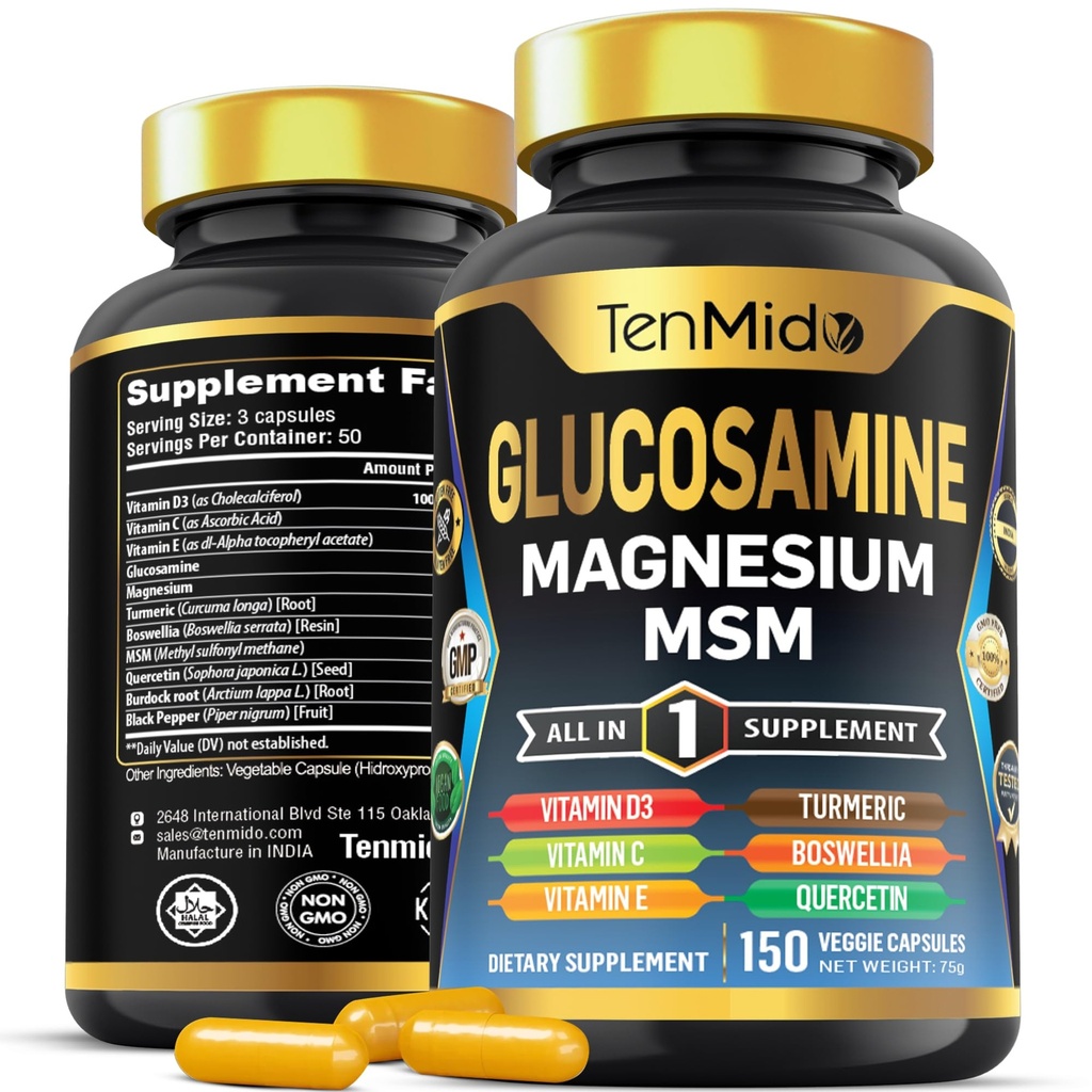 Glucosamin MSM tillæg for mænd og kvinder - 11in1 Formel - Kombiner med Magnesium, gurkemeje, Boswellia, Quercetin, Burdock Root, og mere 124; Fælles & Mobility Support - 150 kapsler
