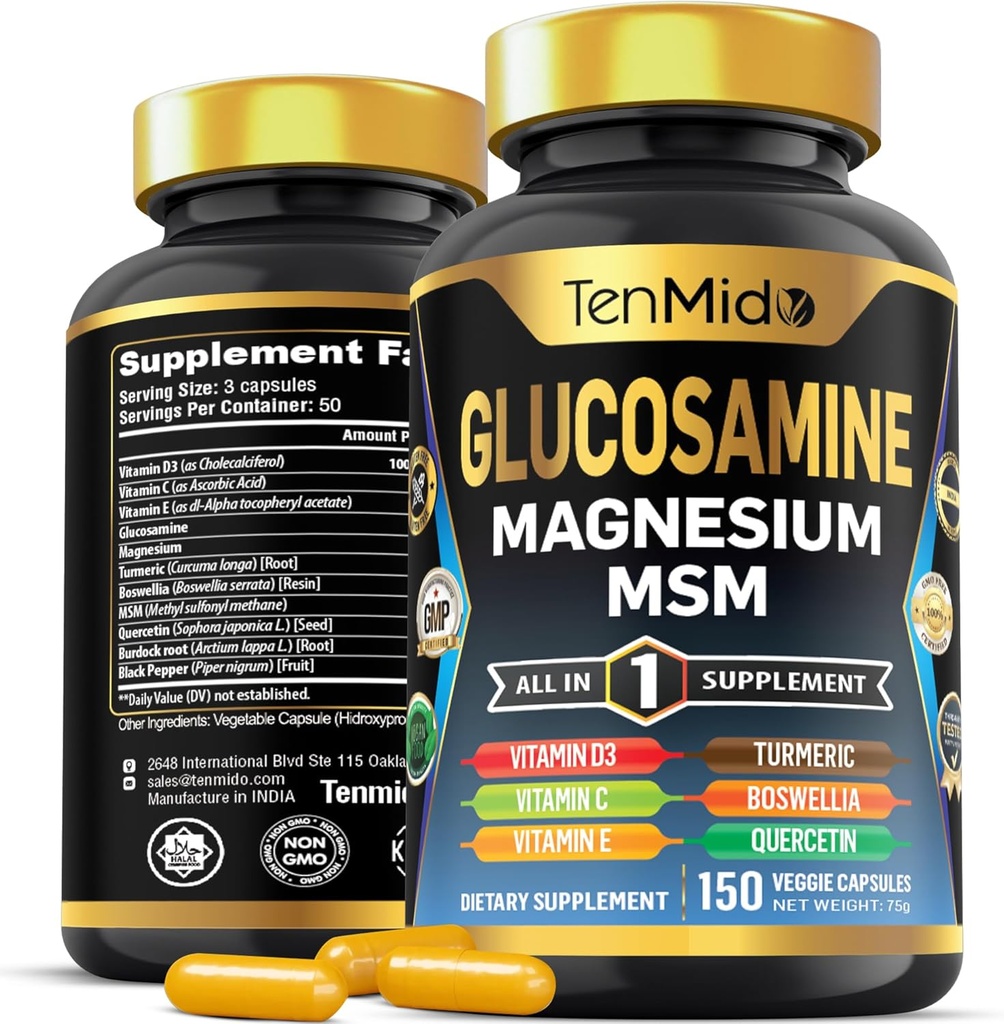 Glucosamine MSM Supplement for Men and Women - 11in1 Formula - Combine with Magnesium, Turmeric, Boswellia, Quercetin, Burdock Root, and More | Joint & Mobility Support - 150 Capsules
