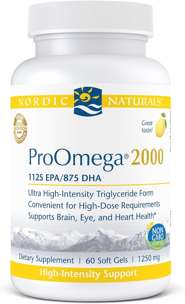 Nordic Naturals ProOmega 2000, Lemon Flavor - 2150 mg Omega-3 - 60 Soft Gels - Ultra High- Potency Fish Oil - EPA & DHA - fremmer hjerne, øje, hjerte og immunforsvar - non-GMO - 30 Serveringer