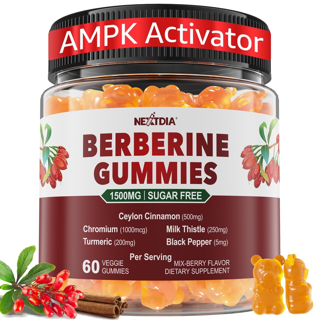 Berberine Gummies 1500mg Sugar Free, Organic Berberine Supplement w / Ceylon Cinnamon, Chrom, Gurkemeje, Milk Thistle for Metabolisme Balanceret, Berberine HCl fra indisk bær ekstrakt, Vegan 60 Cts