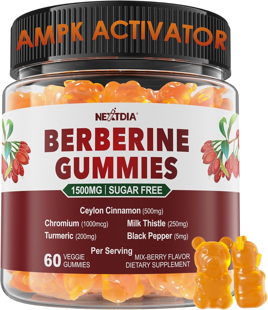 Berberine Gummies 1500mg Sugar Free, Organic Berberine Supplement w / Ceylon Cinnamon, Chrom, Gurkemeje, Milk Thistle for Metabolisme Balanceret, Berberine HCl fra indisk bær ekstrakt, Vegan 60 Cts
