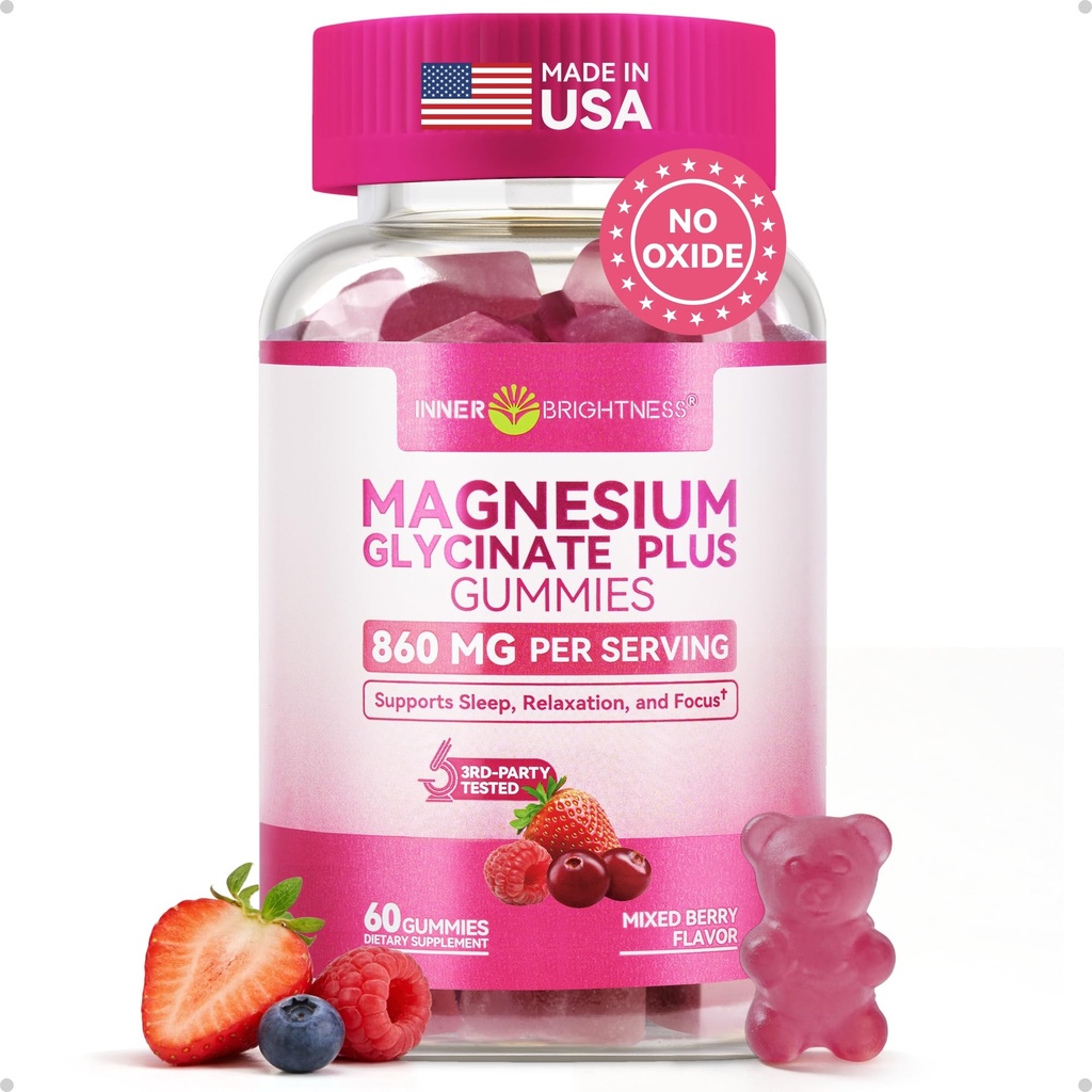 Magnesium Glycinat Gummies 600mg, Non- GMO, Glutenfri, Magnesium Gummies for voksne & børn, Søvn, Afslapning & Fokus, blandet berry flavor, 60 Greve