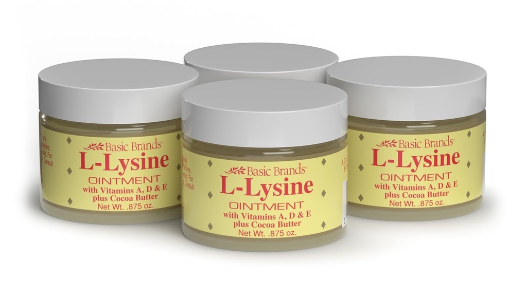 Basic Brands - L- Lysin Salve - 0,875 oz - Lysin Cold Sore Treatment and Blister Relief - Soothes Lips - 4 Pack