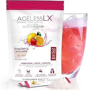 AgelessLX Powder Supplement for kvinder - med HMB Collagen Enhancer Plus vitamin D3 med K2, Horsetail og biotin til Lean Muscle og stærkere hår og negle - 30 Powder Pakker Jordbær Lemonade