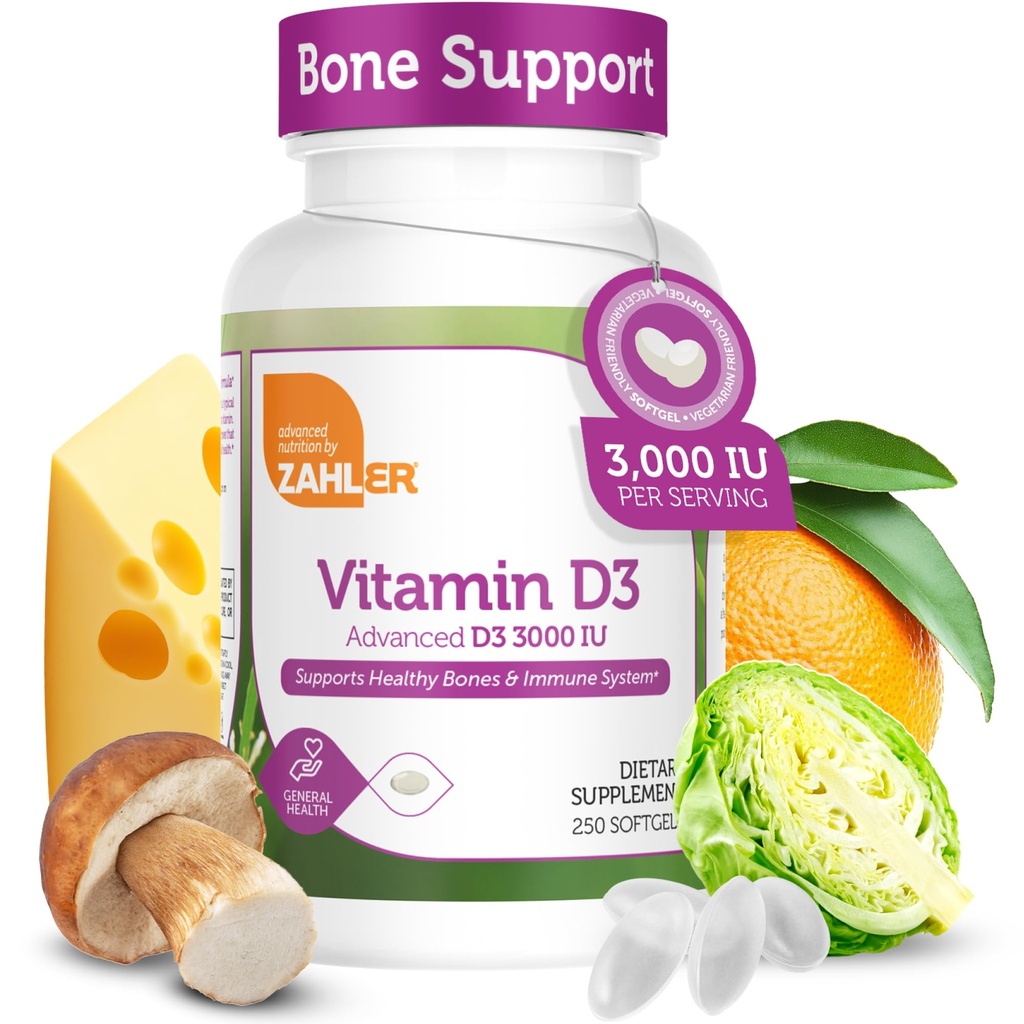 Zahler Vitamin D3 3000IE, Vitamin D3 Supplement 3.000 IE, Certificeret Kosher (250 Softgels)