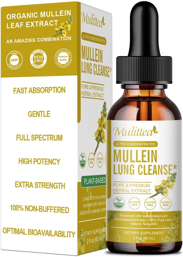 Mulitea Mullein Drops til Lungs & Lympletic Drainage- 5- in-1 Herbal Extract Flydende med Marshmallow Root, Elderberry, Lichorice Root- Lung Cleanse & Respiratory Support-Non- GMO, Vegetarian-2 Fl Oz