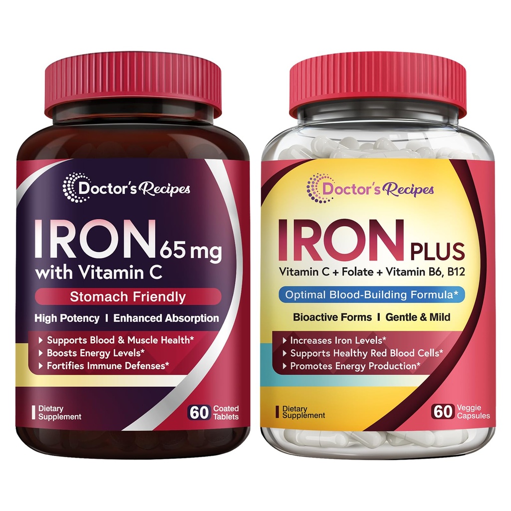 Doctor 's Opskrifter Iron 65 mg & Iron Plus Bundle, Sunde Iron Niveauer & Blood Support, Iron Tablets 60 ct & Iron Capsules 60 læ