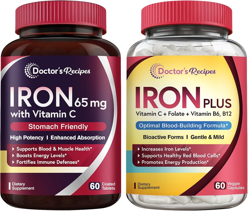 Doctor 's Opskrifter Iron 65 mg & Iron Plus Bundle, Sunde Iron Niveauer & Blood Support, Iron Tablets 60 ct & Iron Capsules 60 læ