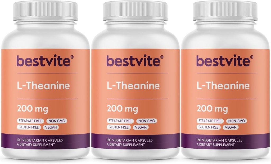 BESTVITE L-Theanine 200mg (360 Vegetarian Capsules) (120 x 3) - No Stearates - Vegan - Non GMO - Gluten Free