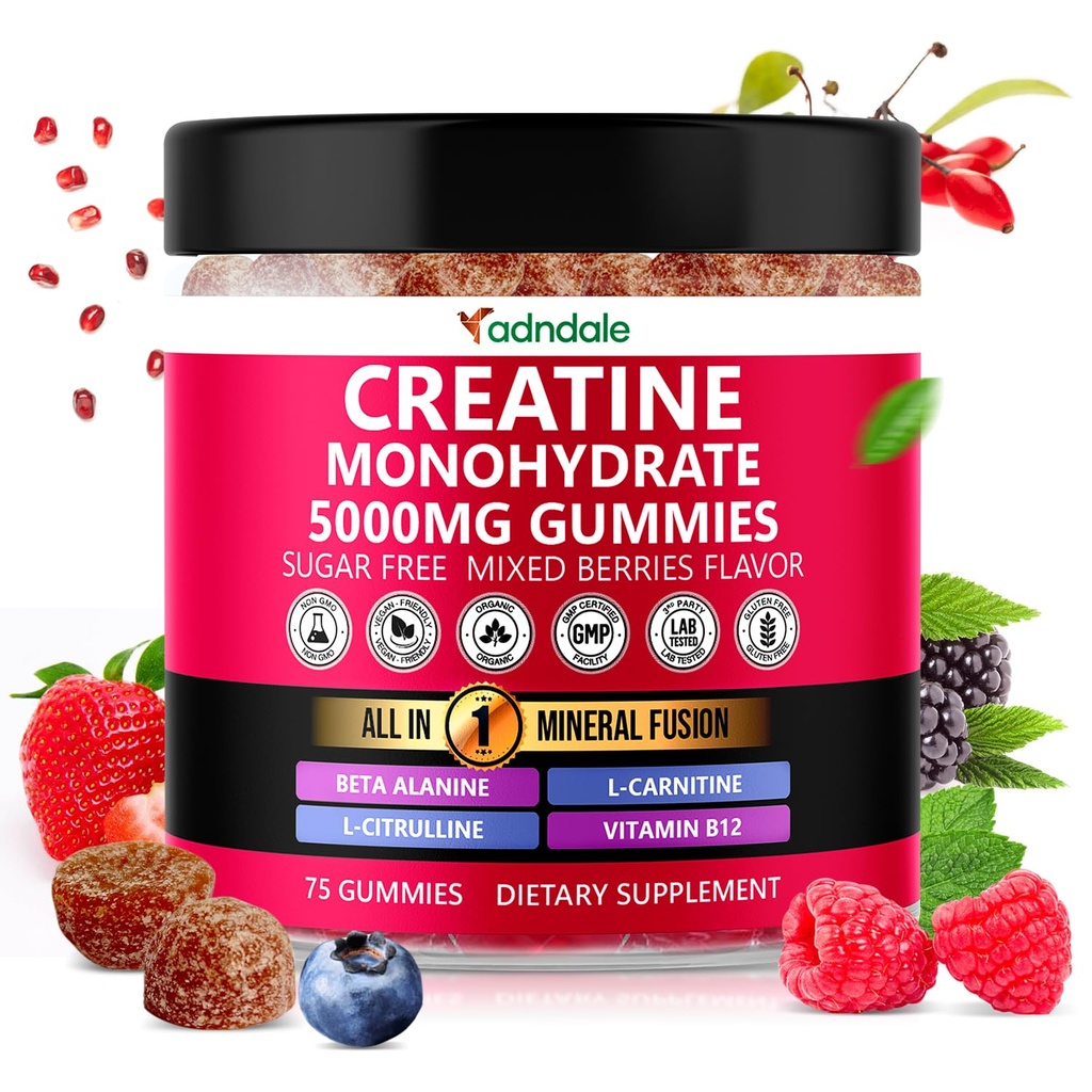 Adndale Creatinine Monohydrate Gummies for Mænd & Kvinder, 5000mg per Serving Creatinine Supplement med Beta- Alanine, L- Citrulin & B12 - 75 Vegan Gummies. Sukkerfri