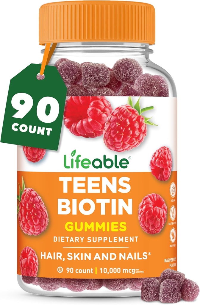 Lifeable Teens Biotin 10000mcg Gummies against 124; vitamin B7-124; Vegan Biotin Supplement # 124; Great Tasting Biotin Gummies for hårvækst, sund hud og negle # 124; Biotin Vitaminer for Teens # 124; 90 Gummies
