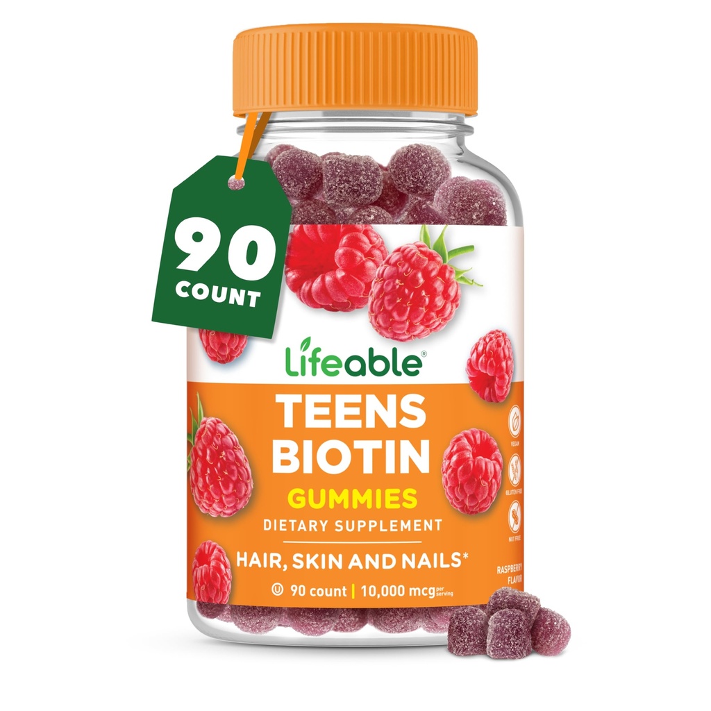 Lifeable Teens Biotin 10000mcg Gummies against 124; vitamin B7-124; Vegan Biotin Supplement # 124; Great Tasting Biotin Gummies for hårvækst, sund hud og negle # 124; Biotin Vitaminer for Teens # 124; 90 Gummies