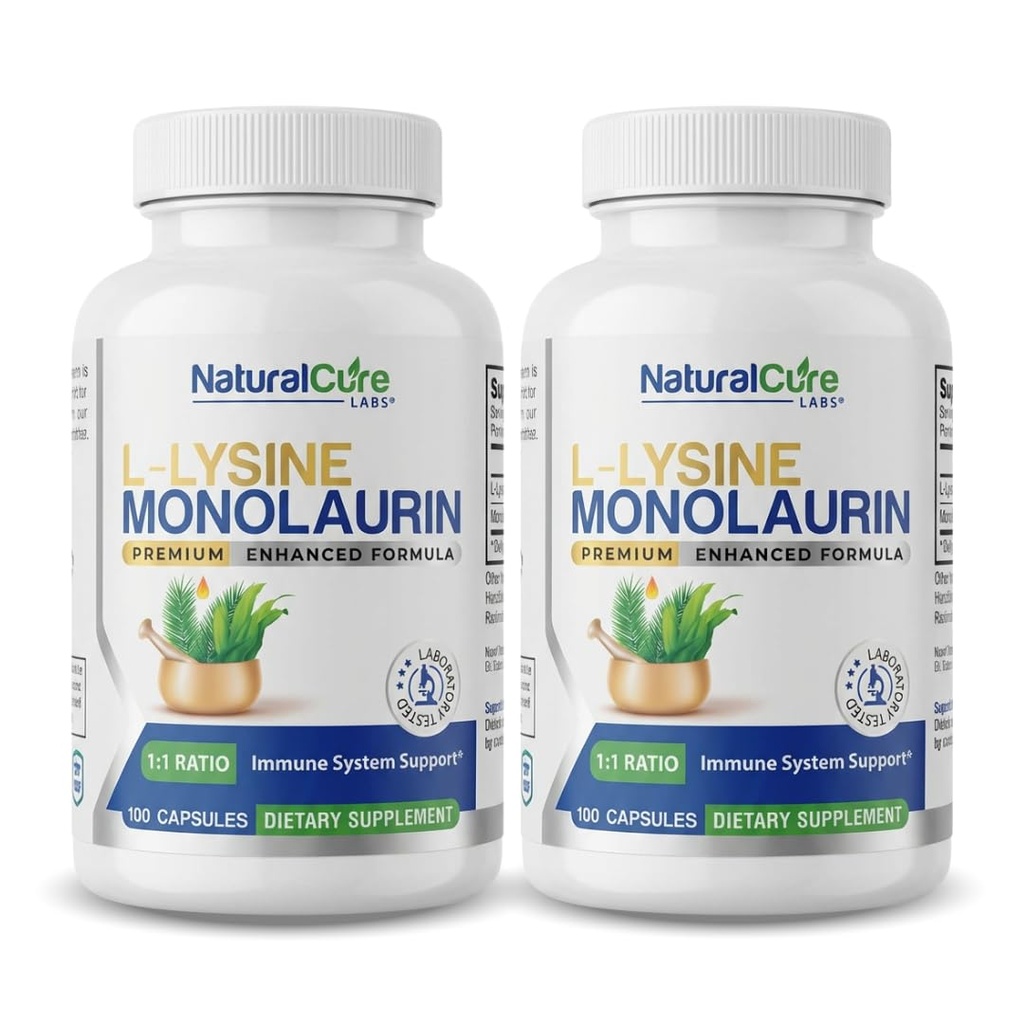Naturlige Cure Labs L- Lysin + Monolaurin 600 mg 1: 1 Ratio, 2 Pack, 200 Kapsler