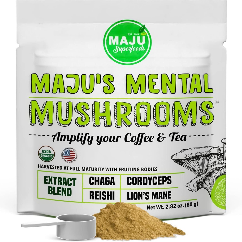 MAJU 's Mental Mushroom Powder Extract, Stærk Lions Mane, Chaga, Reishi, Cordyceps, Fruiting Organics for Coffee, Immunsystem Booster, Nootrop Brain Supplement, Memory, Organic Mushrooms