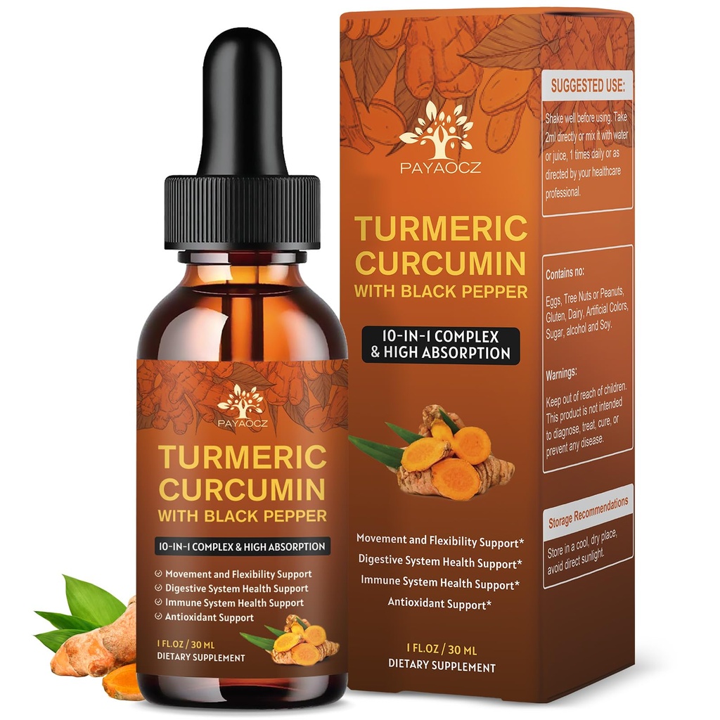 (2 Pack) Økologisk gurkemeje Curcumin tillæg med sort peber og ingefær - flydende gurkemeje ekstrakt dråber (med kanel, Rosemary) - Mobilitet og fleksibilitet støtte og fordøjelsessundhed - 1 Fl Oz