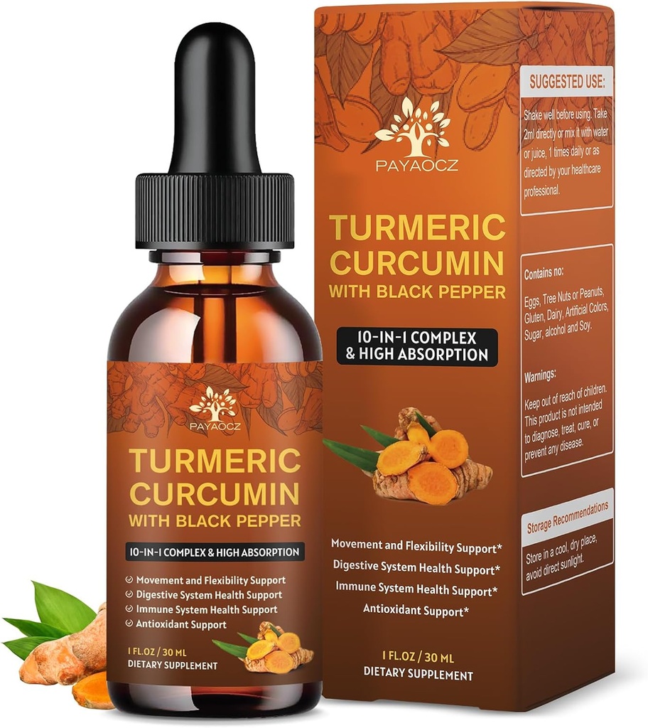 (2 Pack) Økologisk gurkemeje Curcumin tillæg med sort peber og ingefær - flydende gurkemeje ekstrakt dråber (med kanel, Rosemary) - Mobilitet og fleksibilitet støtte og fordøjelsessundhed - 1 Fl Oz