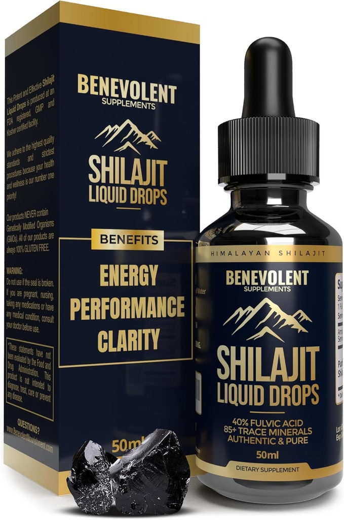 Pure Himalayan Shilajit Liquid Drops - 1000mg Natural Shilajit Drops - 85 + Trace Minerals & 40% Fulvic Acid for Energy Boost, Detox Cleanse, Styrke & Immunity Support - 50 dages forsyning