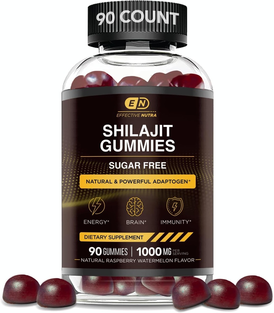EFFECTIVE NUTRA Shilajit Gummies 1000mg | Pure Shilajit Resin for Energy, Brain & Immunity | Supplement for Men & Women | Sugar-Free, Vegan, Gluten-Free | Natural Berry Flavor, Made in USA (90ct)