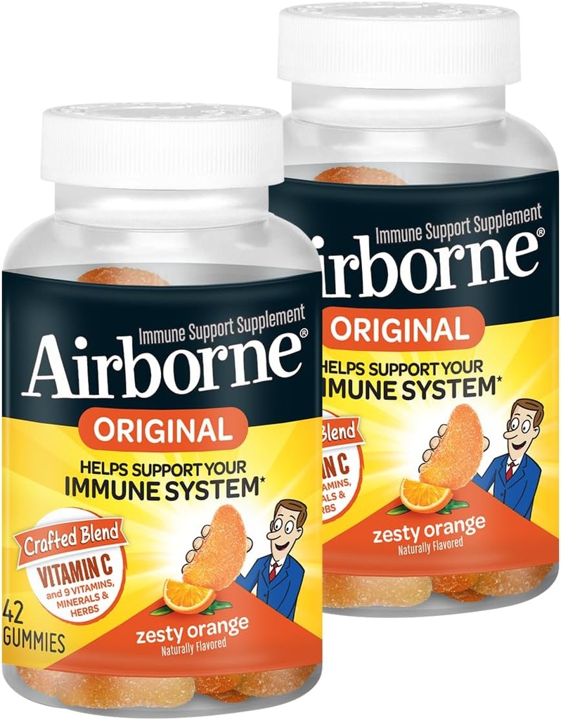 Airborne 750mg C-vitamin immuntilskud Gummies for voksne, Zeress Orange Flavor, Gluten Free Crafted Blend med stærke antioxidanter Vitaminer C & E, 42 Gummies (2 Pack)