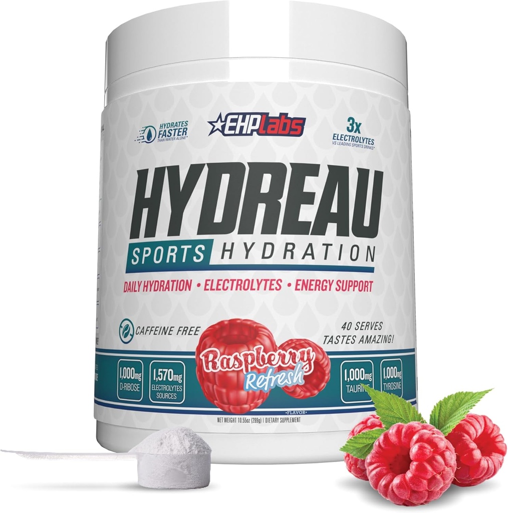 EHP Labs Hydreau Electrolytes Powder No Sugar - Hydration Powder for Endurance & Energy - Electrolyte Powder for mænd og kvinder - Sukker Free Electrolytes - Raspberry Refresh (40 servere)