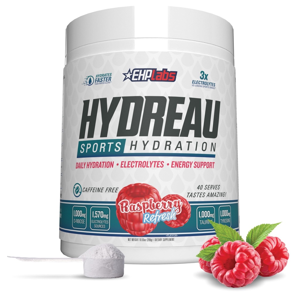 EHP Labs Hydreau Electrolytes Powder No Sugar - Hydration Powder for Endurance & Energy - Electrolyte Powder for mænd og kvinder - Sukker Free Electrolytes - Raspberry Refresh (40 servere)