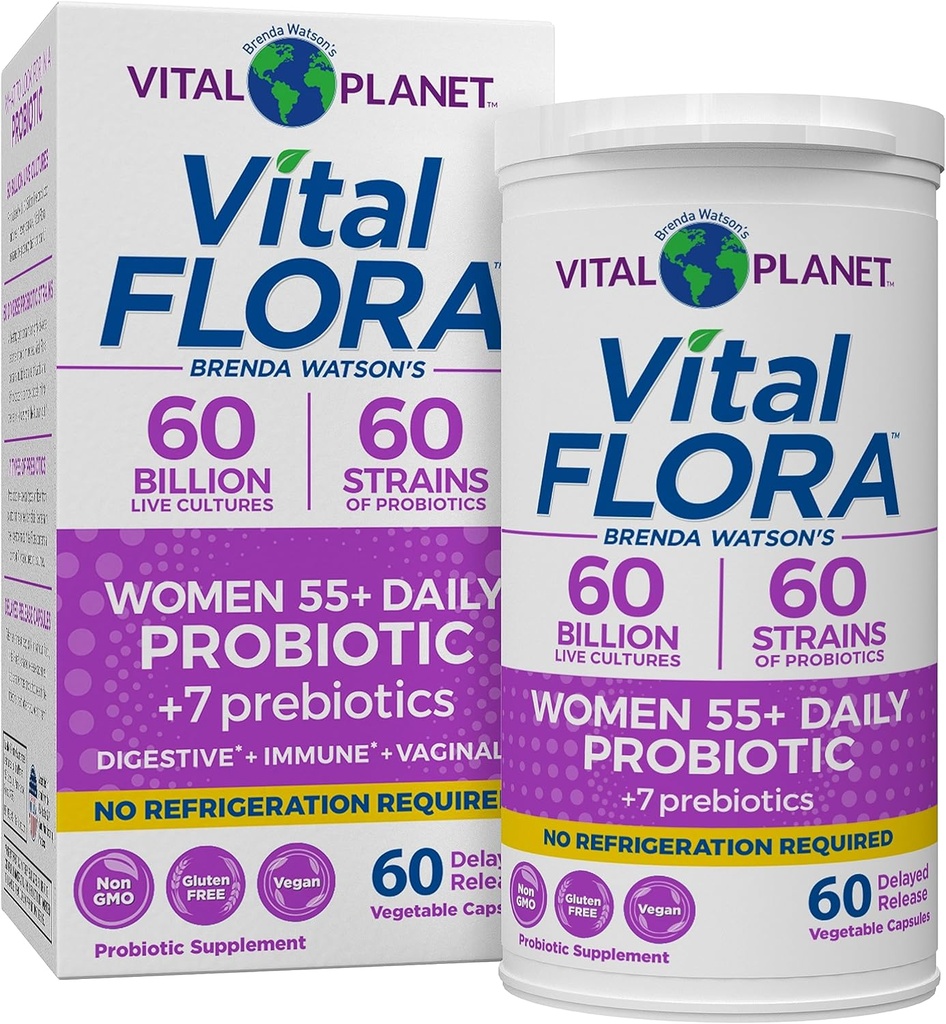 Vital Planet - Vital Flora Probiotika til kvinder Over 55 Daglig Hylde Stabil Probiotisk 60 Millioner CFU, 60 Diverse Strops, 7 Organic Prebiotika, immunforsvar og fordøjelsessygdomme 60 Kapsler