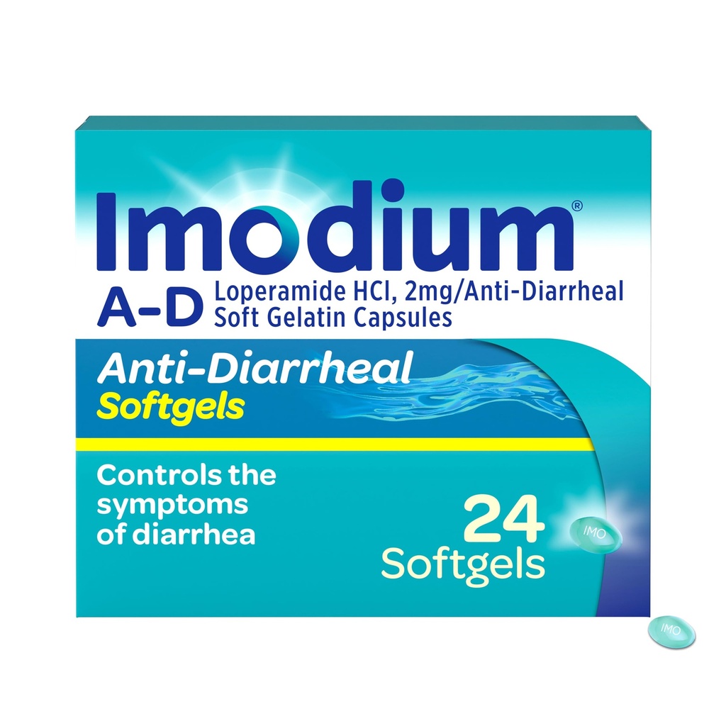 Imodium A- D Fast- Actioning Anti- Diarrheal Softels, Loperamid HCl 2 mg, Travel Essential Diarré Relief Medicin for voksne, 24 Greve, Anti Diarré piller, alder 12 +, Let at synke
